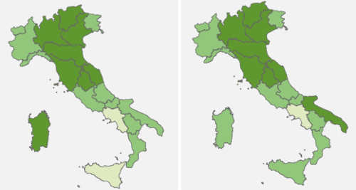 A sinistra una mappa cromatica della speranza di vita delle donne in Italia nel 2013. Il verde più scuro indica una maggiore longevità. A destra la stessa mappa mirata sulla speranza di vita degli uomini